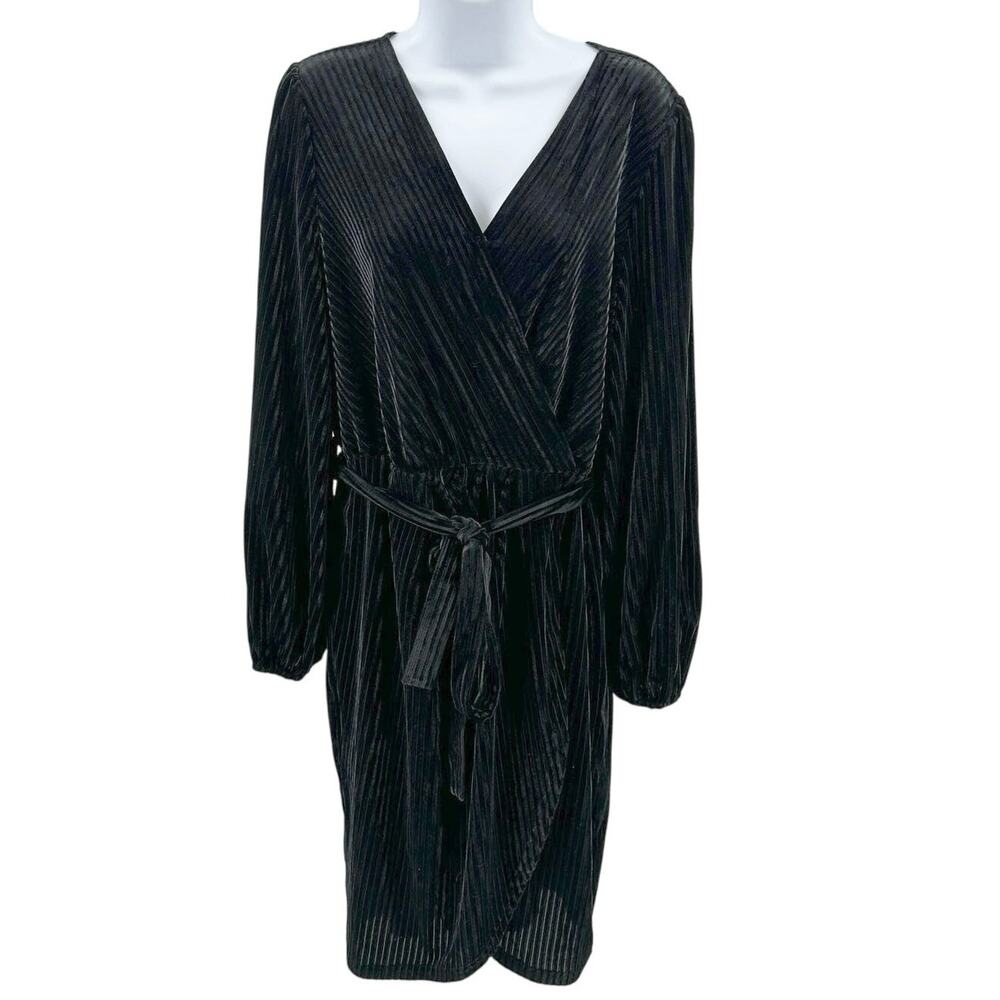 Simplee Dress WMNS XL Black Ribbed Velvet Tulip Long Sleeve Wrap Party Formal
